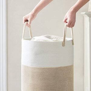 Cotton Rope Laundry Hamper by YOUDENOVA, 58L - Woven Collapsible Clothes Storage Basket for Blankets, Laundry Room Organizing, Bedroom, Brown & White