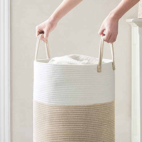 Cotton Rope Laundry Hamper by YOUDENOVA, 58L - Woven Collapsible Clothes Storage Basket for Blankets, Laundry Room Organizing, Bedroom, Brown & White