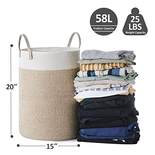 Cotton Rope Laundry Hamper by YOUDENOVA, 58L - Woven Collapsible Clothes Storage Basket for Blankets, Laundry Room Organizing, Bedroom, Brown & White
