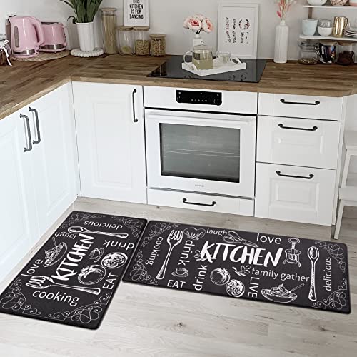 HEBE Anti Fatigue Kitchen Mat Set of 2 Non Slip Thick Cushioned Kitchen Rug Sets with Runner 17"x48"+17"x28" Heavy Duty Comfort Standing Mats Waterproof Kitchen Carpet