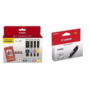 canon pgi-250bk/cli-251cmy black/color ink cartridges & pp-201 paper combo pack and cli-251 gray ink tank (6517b001)