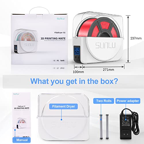 SUNLU Filament Dryer Box with Fan for 3D Printer Filament, Upgraded Filament Dehydrator Storage Box for 3D Filament 1.75 2.85 3.00mm, Keeping Filament Dry During 3D Printing, S1 Plus, White