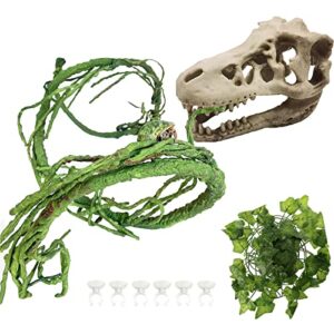 hamiledyi bearded dragon tank accessories reptile dinosaur skull hideout decor reptile climber jungle vines artificial leaves for iguana lizard chameleon snake frog gecko frogs(3 pcs)