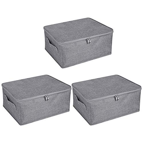 ANMINY 3PCS Storage Bins with Zipper Lid Handles Storage Boxes PP Plastic Board Foldable Lidded Cotton Linen Fabric Home Cubes Baskets Closet Clothes Toys Organizer Containers - Gray, Small Size