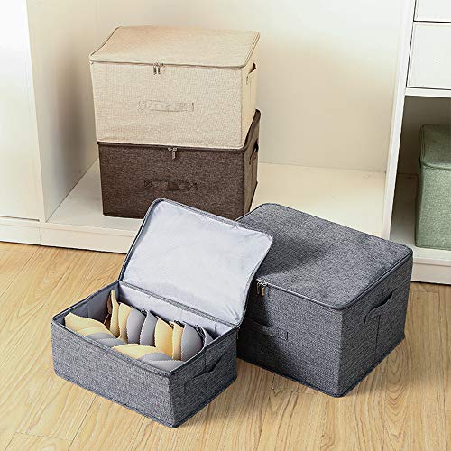 ANMINY 3PCS Storage Bins with Zipper Lid Handles Storage Boxes PP Plastic Board Foldable Lidded Cotton Linen Fabric Home Cubes Baskets Closet Clothes Toys Organizer Containers - Gray, Small Size