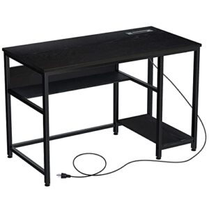 rolanstar computer desk 47” with power outlet & storage shelves, home office pc desk with usb ports charging station, writing study desktop table with stable metal frame, black