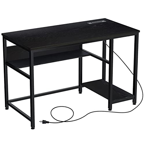 Rolanstar Computer Desk 47” with Power Outlet & Storage Shelves, Home Office PC Desk with USB Ports Charging Station, Writing Study Desktop Table with Stable Metal Frame, Black