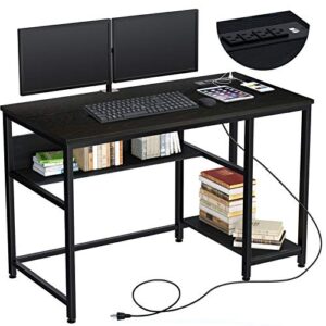Rolanstar Computer Desk 47” with Power Outlet & Storage Shelves, Home Office PC Desk with USB Ports Charging Station, Writing Study Desktop Table with Stable Metal Frame, Black