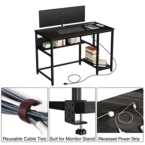 Rolanstar Computer Desk 47” with Power Outlet & Storage Shelves, Home Office PC Desk with USB Ports Charging Station, Writing Study Desktop Table with Stable Metal Frame, Black