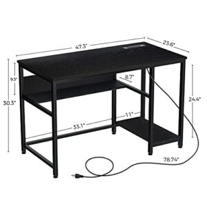 Rolanstar Computer Desk 47” with Power Outlet & Storage Shelves, Home Office PC Desk with USB Ports Charging Station, Writing Study Desktop Table with Stable Metal Frame, Black