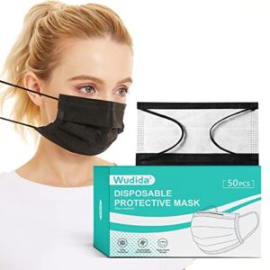wudida 2023 disposable face masks, 4-ply breathable non-woven cup dust black masks with white inside for adults men women box 50 pack
