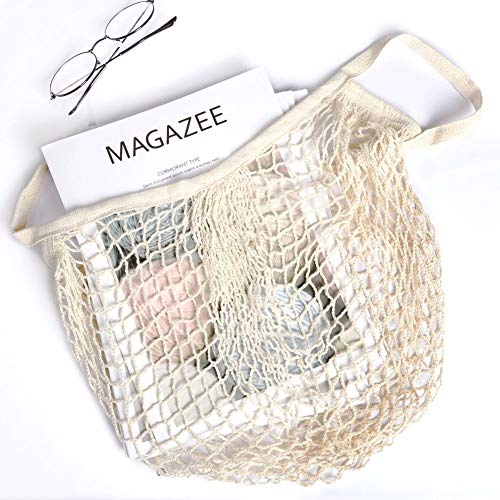Yiplus Cotton Mesh Produce Bag, 2 Pack Reusable Ecology Washable Organic Shopping Grocery Farmer Market Bags String Net Tote for Vegetables and Fruit with Long/Short Handle (Beige)