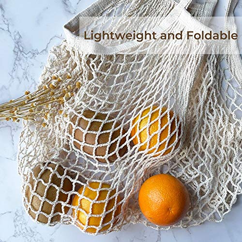 Yiplus Cotton Mesh Produce Bag, 2 Pack Reusable Ecology Washable Organic Shopping Grocery Farmer Market Bags String Net Tote for Vegetables and Fruit with Long/Short Handle (Beige)