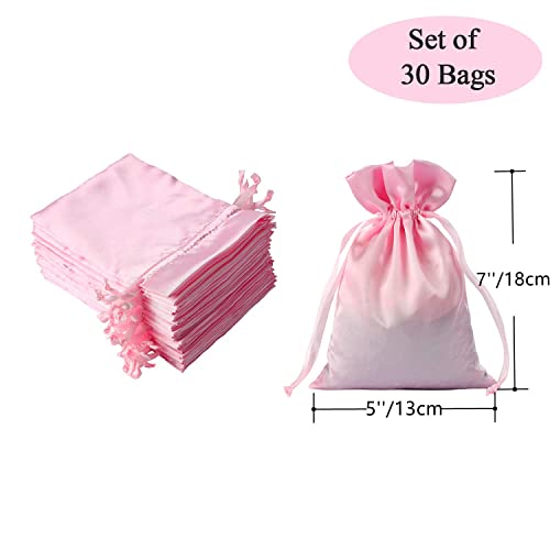 AKLVBL 30 Pack 5 x 7 Inches Pink Satin Gift Bags, Jewelry Bags, Drawstring Pouch, Wedding Favor Bags, Baby Shower Bags, silk bags