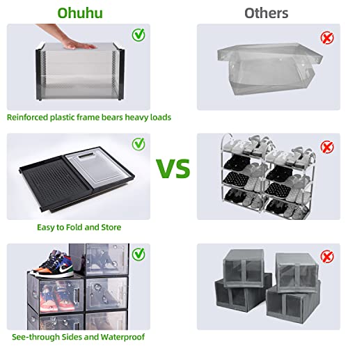 Ohuhu Shoe Storage Box Clear Organizer XL Large Size Stackable Plastic Shoes Containers - Sneaker Closet Drawer Type Front Opening - 6 Pack Boot Bins Display Case Cubby Holders Fit Up to US Men 14