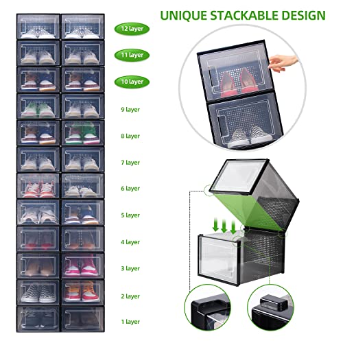 Ohuhu Shoe Storage Box Clear Organizer XL Large Size Stackable Plastic Shoes Containers - Sneaker Closet Drawer Type Front Opening - 6 Pack Boot Bins Display Case Cubby Holders Fit Up to US Men 14