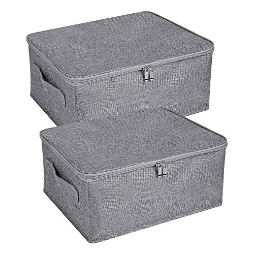 ANMINY 2PCS Storage Bins with Zipper Lid Handles Storage Boxes PP Plastic Board Foldable Lidded Cotton Linen Fabric Home Cubes Baskets Closet Clothes Toys Organizer Containers - Gray, Small Size