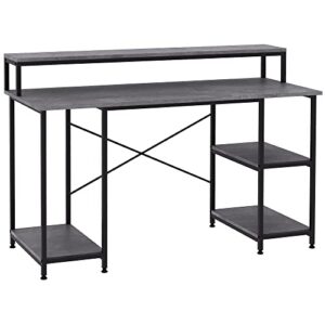 homcom 55 inch home office computer desk study writing workstation with storage shelves, elevated monitor shelf, cpu stand, durable x-shaped construction, grey wood grain