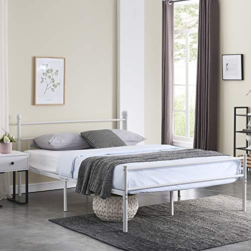 VECELO Metal Bed Frame Platform Mattress Foundation/Box Spring Replacement with Headboard & Footboard, Queen, White