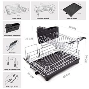 MAJALiS Dish Drying Rack and Drainboard Set, 2 Tier Large Dish Rack with Swivel Spout, Stainless Steel Dish Drainer for Kitchen Counter with Wine Glass Holder and Extra Drying Mat