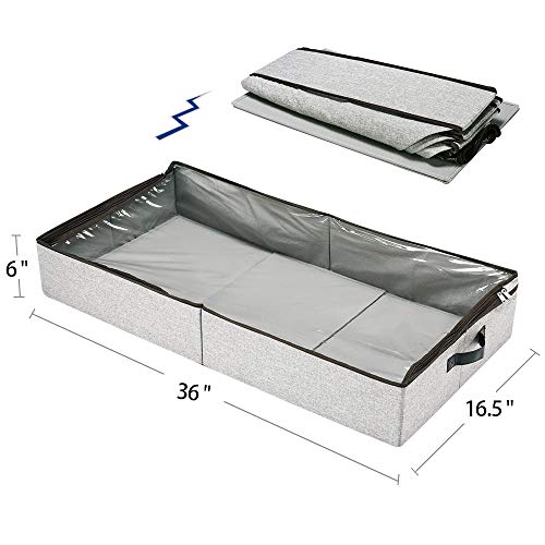 HOONEX Under Bed Storage Containers Zippered Clear Top Lid, Outer Linen Fabric, Reinforced Frame and Sturdy Bottom, 2 Leather Carrying Handles, 2 Pack, Grey