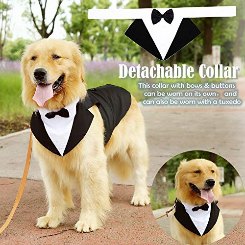 Dog Formal Tuxedo Suit for Medium Large Dogs，Dog Tuxedo Costume Wedding Party Outfit with Detachable Collar，Elegant Dog Apparel Bowtie Shirt and Bandana Set for Dress-up Cosplay Holiday Wear