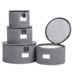 china storage set, hard shell and stackable, for dinnerware storage and transport, protects dishes cups and wine glasses, felt plate dividers included (4 piece hard shell set for plates)