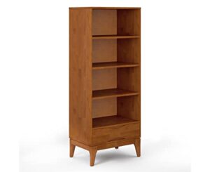 simplihome harper solid hardwood 60 inch x 24 inch mid century modern bookcase with storage in teak brown with 1 drawer and 4 shelves, for the living room, study and office