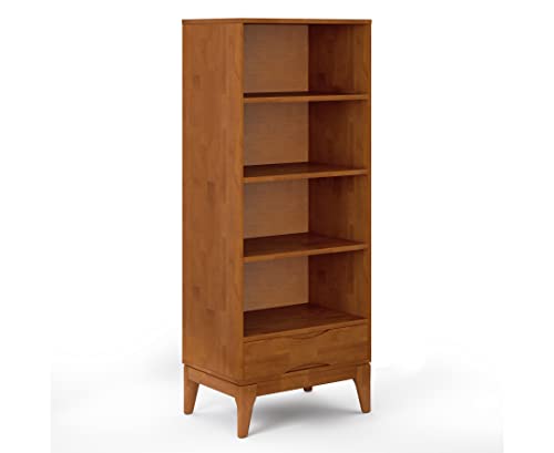 SIMPLIHOME Harper SOLID HARDWOOD 60 inch x 24 inch Mid Century Modern Bookcase with Storage in Teak Brown with 1 Drawer and 4 Shelves, for the Living Room, Study and Office