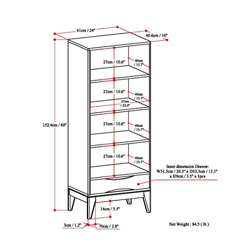 SIMPLIHOME Harper SOLID HARDWOOD 60 inch x 24 inch Mid Century Modern Bookcase with Storage in Teak Brown with 1 Drawer and 4 Shelves, for the Living Room, Study and Office