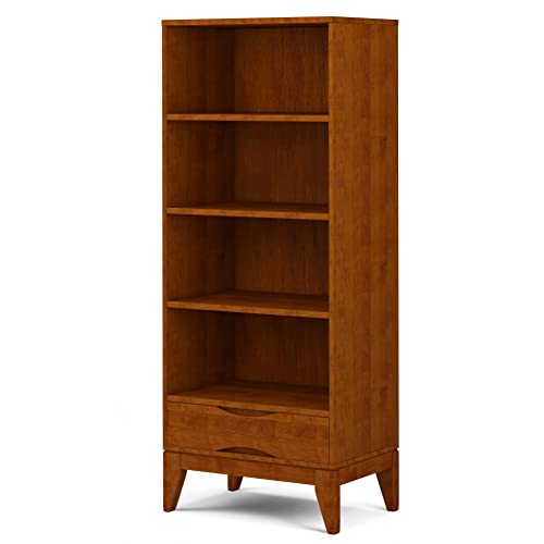 SIMPLIHOME Harper SOLID HARDWOOD 60 inch x 24 inch Mid Century Modern Bookcase with Storage in Teak Brown with 1 Drawer and 4 Shelves, for the Living Room, Study and Office