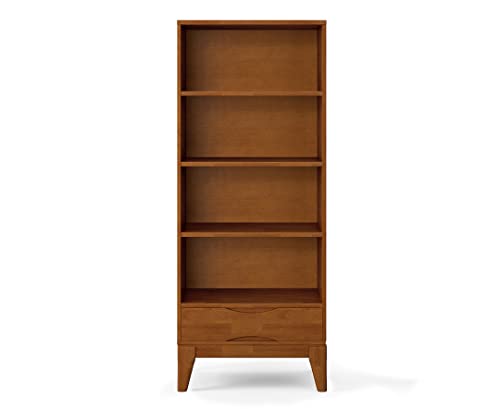 SIMPLIHOME Harper SOLID HARDWOOD 60 inch x 24 inch Mid Century Modern Bookcase with Storage in Teak Brown with 1 Drawer and 4 Shelves, for the Living Room, Study and Office