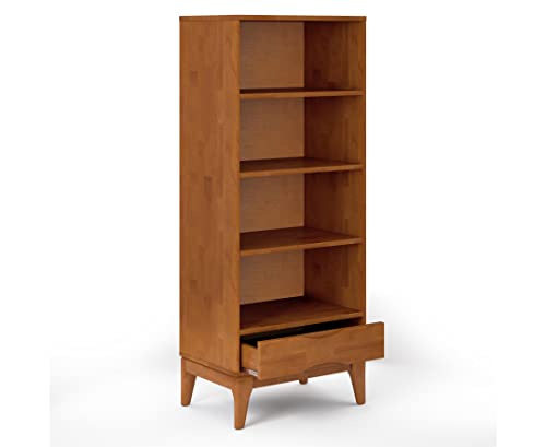 SIMPLIHOME Harper SOLID HARDWOOD 60 inch x 24 inch Mid Century Modern Bookcase with Storage in Teak Brown with 1 Drawer and 4 Shelves, for the Living Room, Study and Office