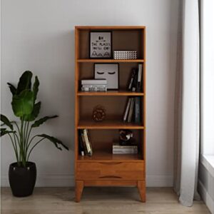 SIMPLIHOME Harper SOLID HARDWOOD 60 inch x 24 inch Mid Century Modern Bookcase with Storage in Teak Brown with 1 Drawer and 4 Shelves, for the Living Room, Study and Office