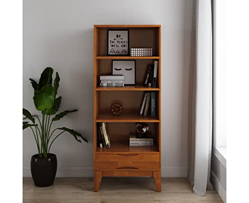 SIMPLIHOME Harper SOLID HARDWOOD 60 inch x 24 inch Mid Century Modern Bookcase with Storage in Teak Brown with 1 Drawer and 4 Shelves, for the Living Room, Study and Office