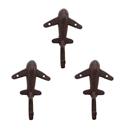 Retro Cast Iron Airplane Wall Hook, Antique Brown, Set of 3