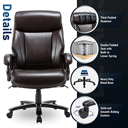 Big and Tall Office Chair 400lbs-Heavy Duty Executive Desk Chair, High Back Ergonomic Leather Computer Chair with Padded Armrests for Heavy People-Brown