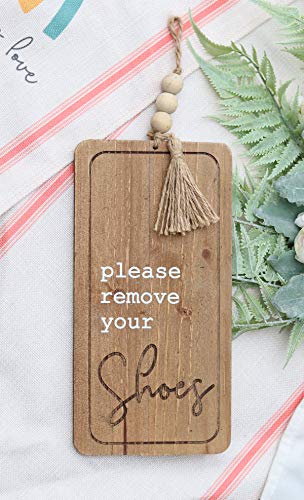Parisloft Please Remove Your Shoes Wood Wall Plaque with Wooden Bead String Hanger,Cute and Rustic Country Style Home Accessory Gift Sign for Hallway, Entrance or Foyer