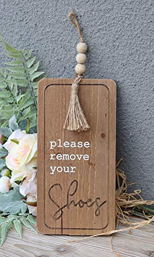 Parisloft Please Remove Your Shoes Wood Wall Plaque with Wooden Bead String Hanger,Cute and Rustic Country Style Home Accessory Gift Sign for Hallway, Entrance or Foyer