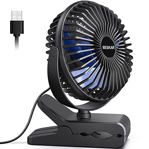 BESKAR USB Clip on Fan, Portable Small Fan with Cord Powered, 3 Speeds Strong Airflow, with Sturdy Clamp, Quiet Personal Desk Fan