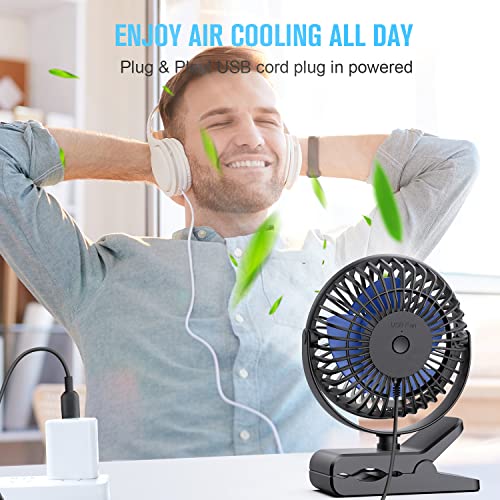 BESKAR USB Clip on Fan, Portable Small Fan with Cord Powered, 3 Speeds Strong Airflow, with Sturdy Clamp, Quiet Personal Desk Fan