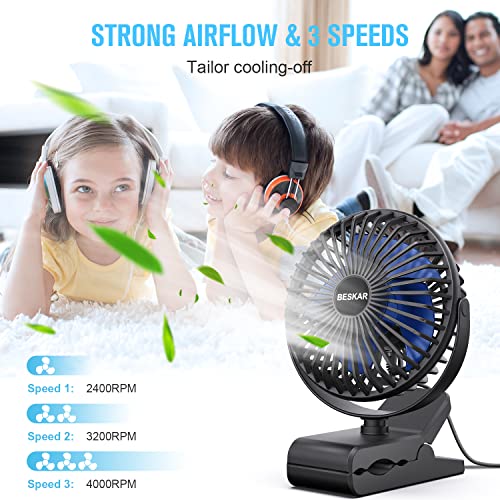 BESKAR USB Clip on Fan, Portable Small Fan with Cord Powered, 3 Speeds Strong Airflow, with Sturdy Clamp, Quiet Personal Desk Fan