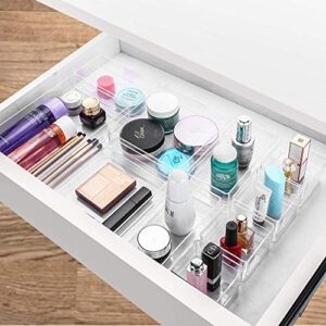 Puricon [10 Pcs] Desk Drawer Organizers, Plastic Clear Organizing Bins, Bathroom Organizers Storage Container Vanity Tray for Makeup Dresser Toilet Kitchen Office