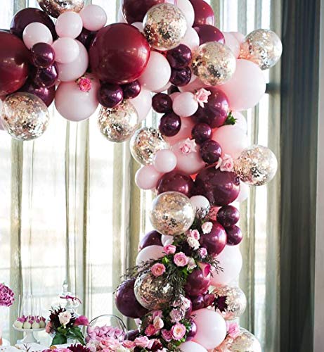 126pcs Burgundy Maroon Pink and Gold Balloons, Balloon Garland Arch Kit, Baby Shower Decorations for Girl, Birthday Wedding Bridal Engagement Anniversary Baptism Party Decorations