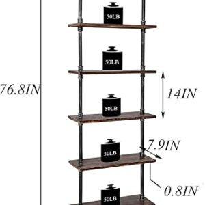 Industrial Pipe Bookshelves Rustic Wall Ladder Bookshelf Display Storage Stand Shelf Bookcase for Living Room, Kitchen, Office (6 Tier)