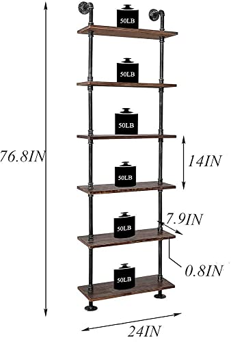 Industrial Pipe Bookshelves Rustic Wall Ladder Bookshelf Display Storage Stand Shelf Bookcase for Living Room, Kitchen, Office (6 Tier)