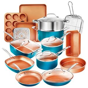 gotham steel cookware + bakeware set with nonstick durable ceramic copper coating – includes skillets, stock pots, deep square fry basket, cookie sheet and baking pans, 20 piece, turquoise