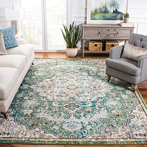 SAFAVIEH Madison Collection 8' x 10' Green / Turquoise MAD447Y Boho Chic Medallion Distressed Non-Shedding Living Room Bedroom Dining Home Office Area Rug