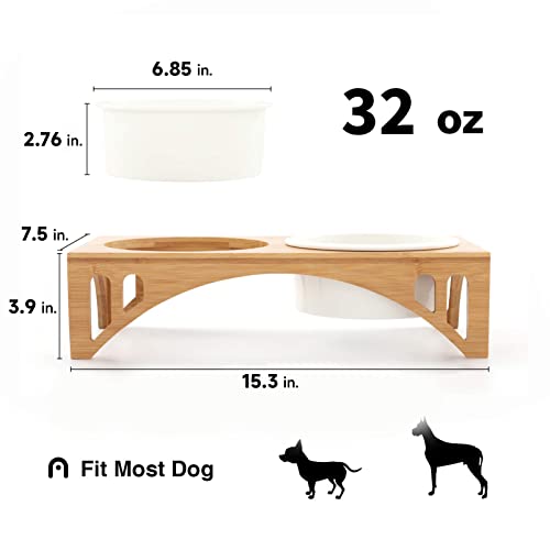 FUKUMARU Elevated Dog Ceramic Bowls, 32 OZ Raised Food Feeding Dishes for Large Cats and Medium Dogs, Solid Bamboo Water Food Stand Feeder Set with Anti-Slip Feet