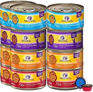 wellness natural premium canned cat wet food pate - 12 pack cans variety bundle pack 4 flavor - (chicken,beef, salmon & turkey) w/hs pet food bowl - (5 oz cans)